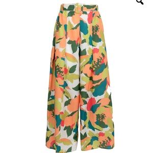 NWT- high rise wide leg belted pants cameo green & orange - S